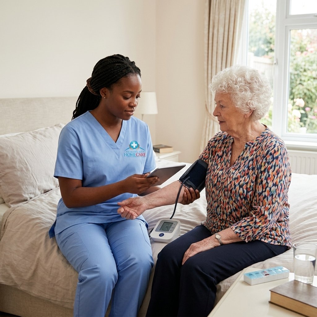 Home care nurse taking blood pressure of elderly woman at home
