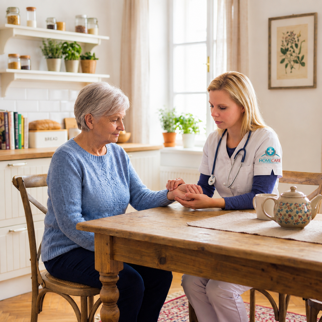 Home care nurse checking on elderly woman at kitchen table
