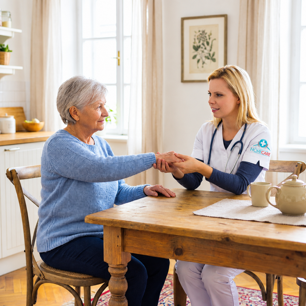 Home care nurse taking blood pressure of elderly woman at home