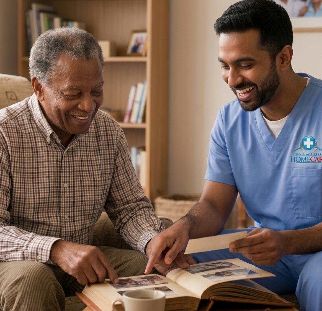 Caregiver sharing a photo album with elderly man, representing companionship in home care