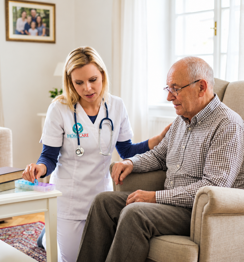 Home care nurse organizing medication for elderly man in living room
